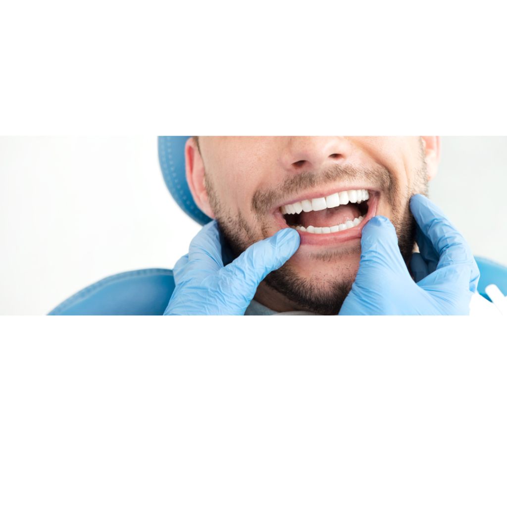 Man shows beautiful smile while gloved hands examine his teeth.